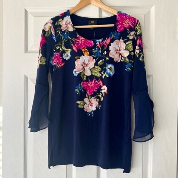 JM Collection Tops - JM Collection Floral Chiffon Blouse XS – Angel Sleeves Navy Pink Floral NWT